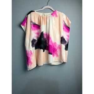 DKNY‎ Abstract Print Short Sleeve Blouse Pink Multi Watercolor Boxy Top Small
